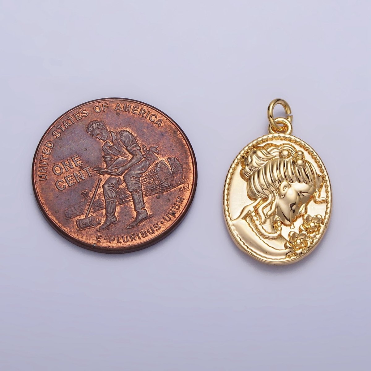 Double Sided Portrait of Victorian Lady Flower Pearl Cameo Oval Charm in Gold & Silver | AC299 AC300