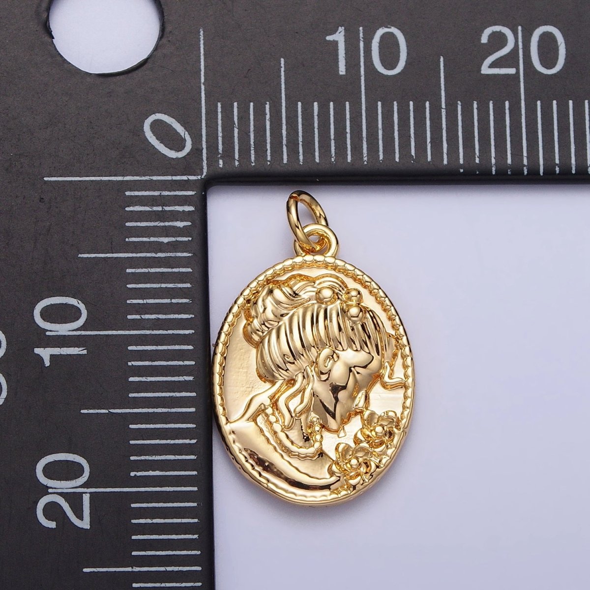 Double Sided Portrait of Victorian Lady Flower Pearl Cameo Oval Charm in Gold & Silver | AC299 AC300