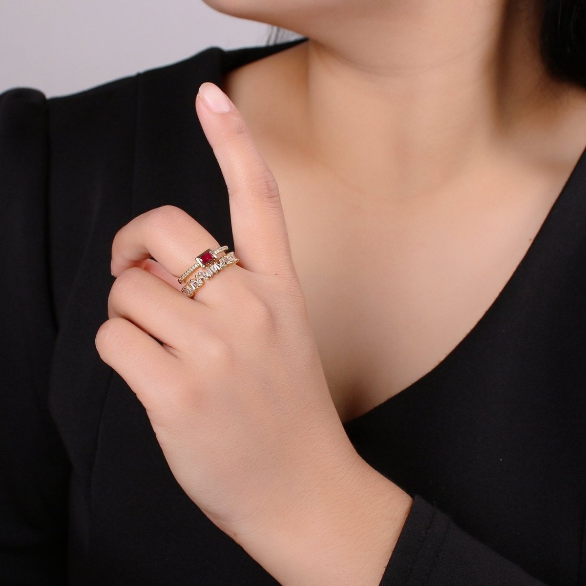 Double Stack gemstone ring- cocktail gemstone ring - topaz ring - Dainty Gold Open ring - Adjustable Gold band ring blue Pink Green Cz Ring R-155 to R-157