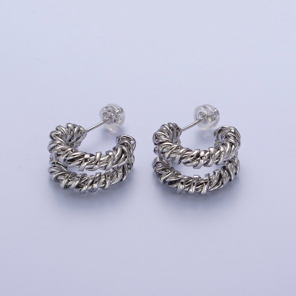 Double Twisted 18mm C Shaped Hoops Stud Earrings in Silver| AD-110