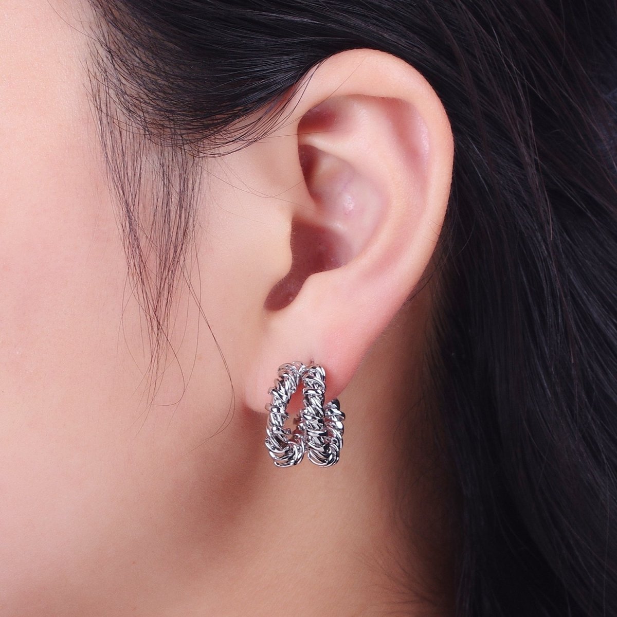 Double Twisted 18mm C Shaped Hoops Stud Earrings in Silver| AD-110