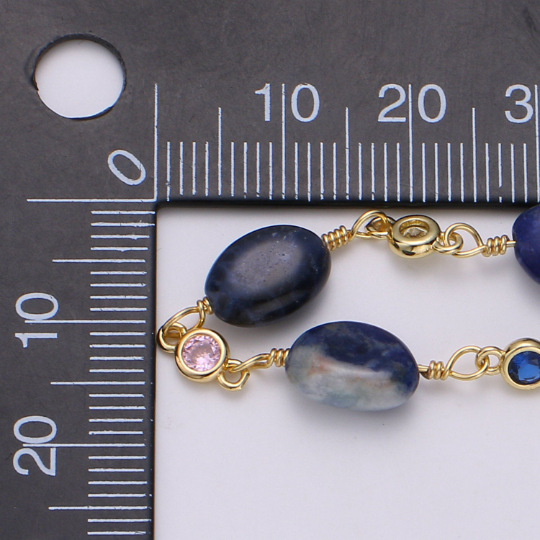 24K Gold Filled Chain by Yard, Blue Sodalite Stone Micro Pave Cubic Round Charm Chain, Semiprecious Stone Royal Blue Beads | ROLL-334 Clearance Pricing