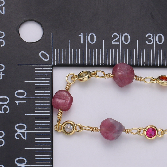 24K Gold Filled Chain by Yard, Rhodonite Micro Pave, Cubic Round Charm Chain, Multicolor Rhondonite | ROLL-328 Clearance Pricing