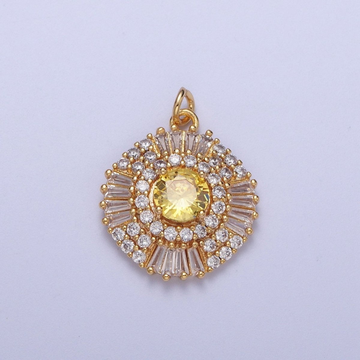 24K Gold Filled Yellow, Purple CZ Baguette Geometric Sunburst Charm | N172