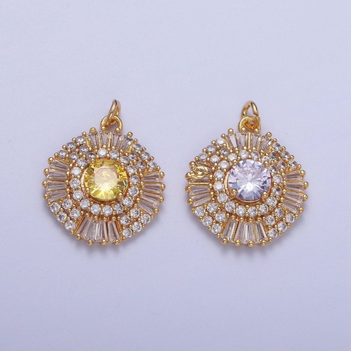 24K Gold Filled Yellow, Purple CZ Baguette Geometric Sunburst Charm | N172