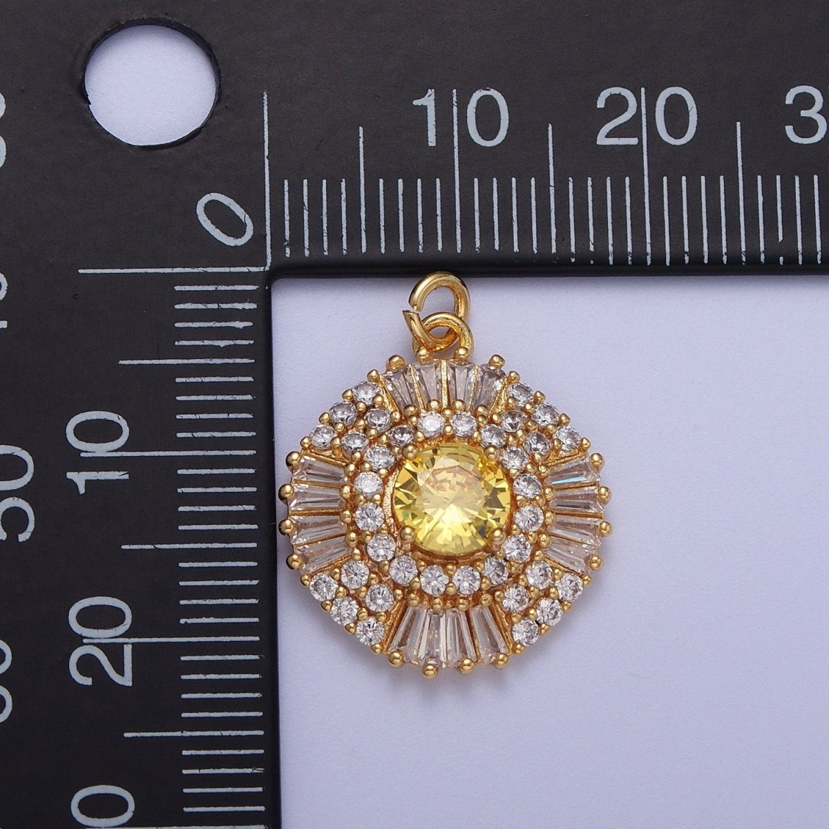 24K Gold Filled Yellow, Purple CZ Baguette Geometric Sunburst Charm | N172