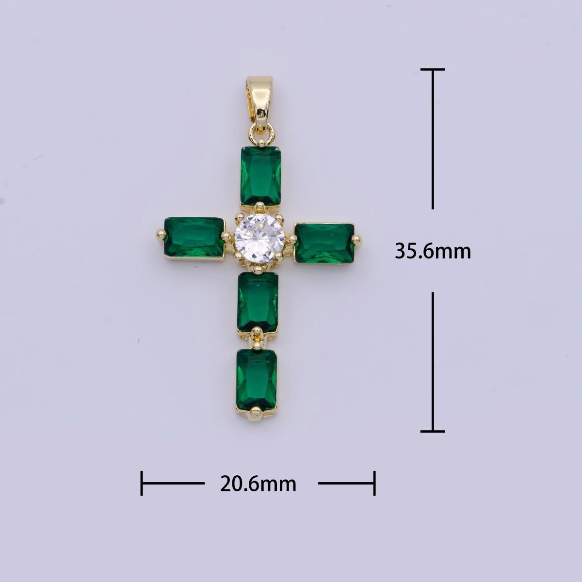 Emerald Green Baguette Cubic Zirconia Religious Cross Gold Necklace | X-503 - DLUXCA