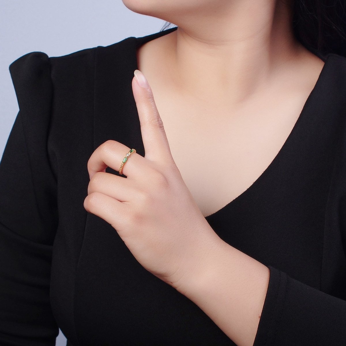 Emerald Green Baguette CZ Beaded Ring O-788