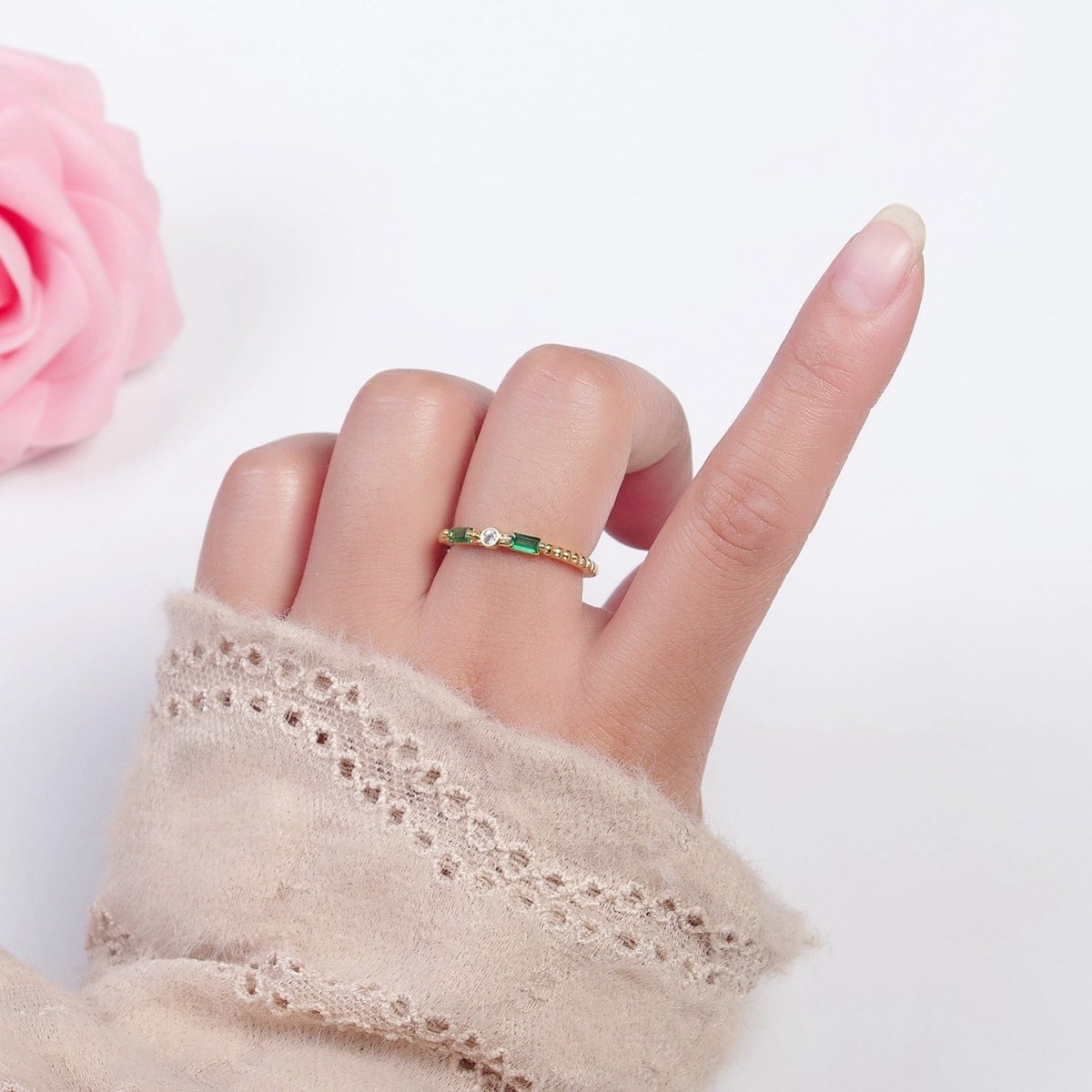 Emerald Green Baguette CZ Beaded Ring O-788