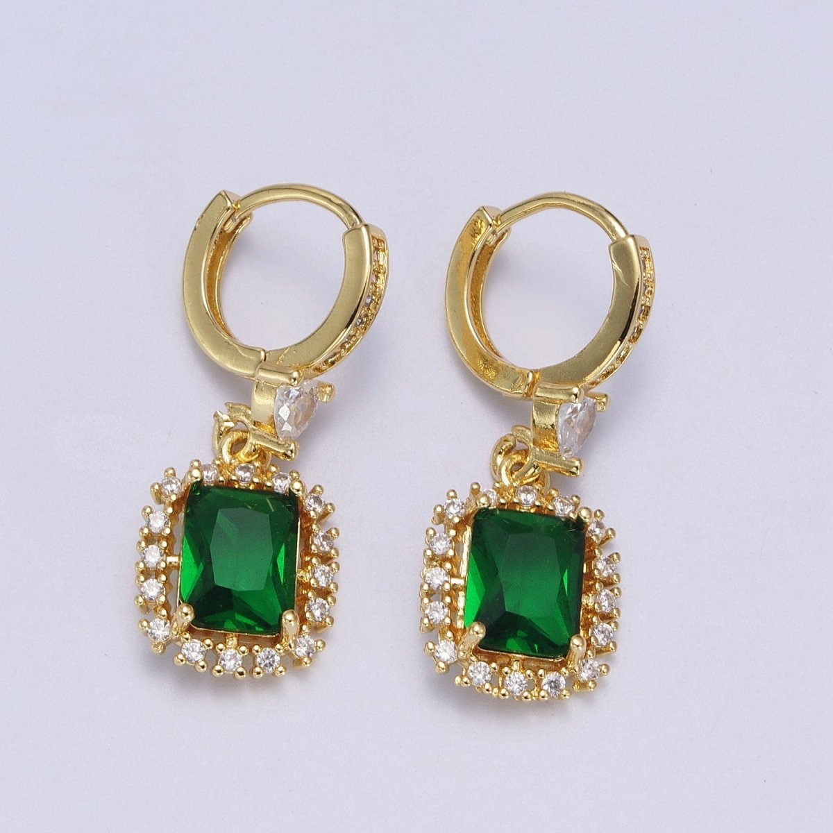 Emerald Green Baguette Dangle Drop Clear Heart Micro Paved CZ Gold Huggie Earrings | AB009 - DLUXCA