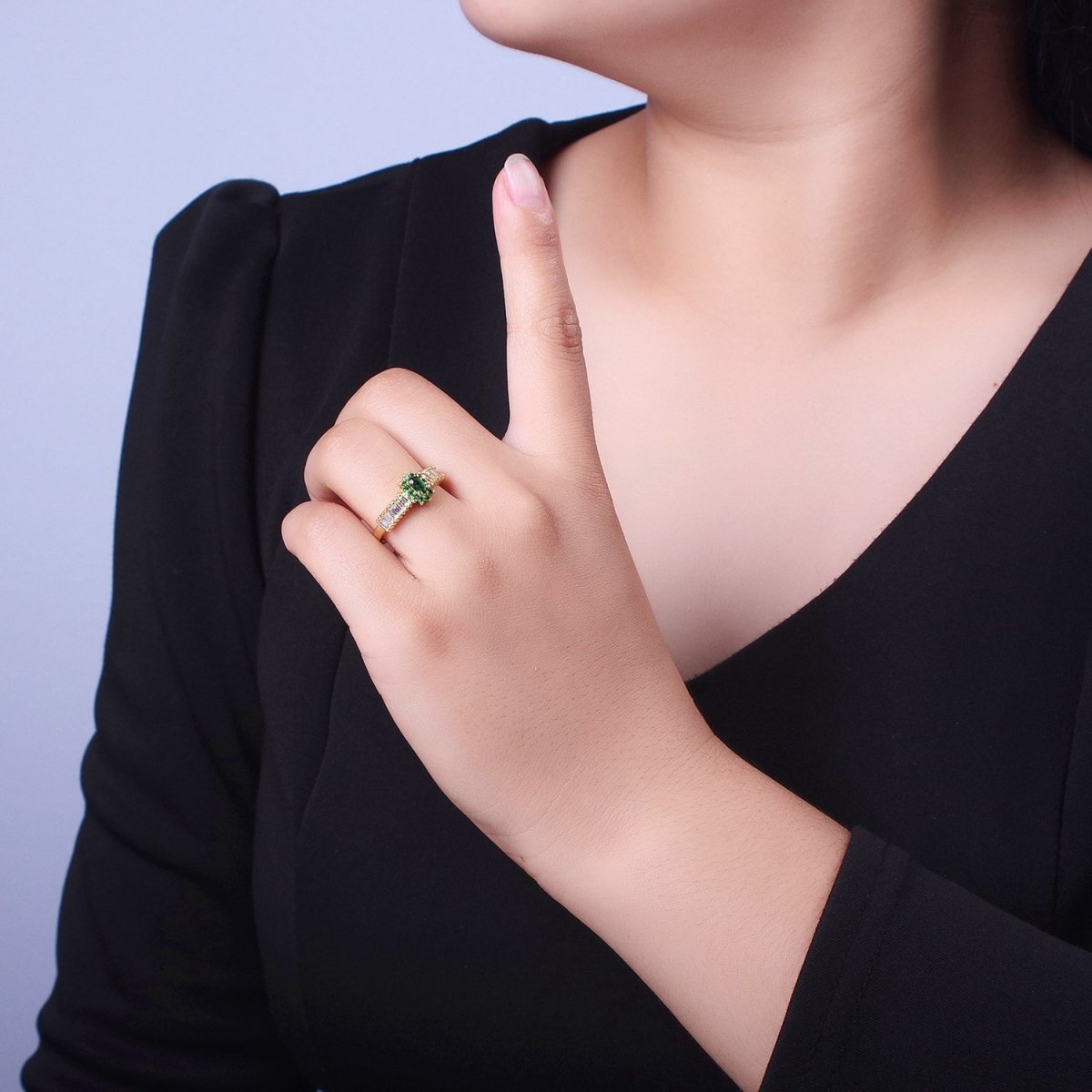 Emerald Green Celestial Sun Flower Clear Baguette Cubic Zirconia Band Ring | X-561 - DLUXCA