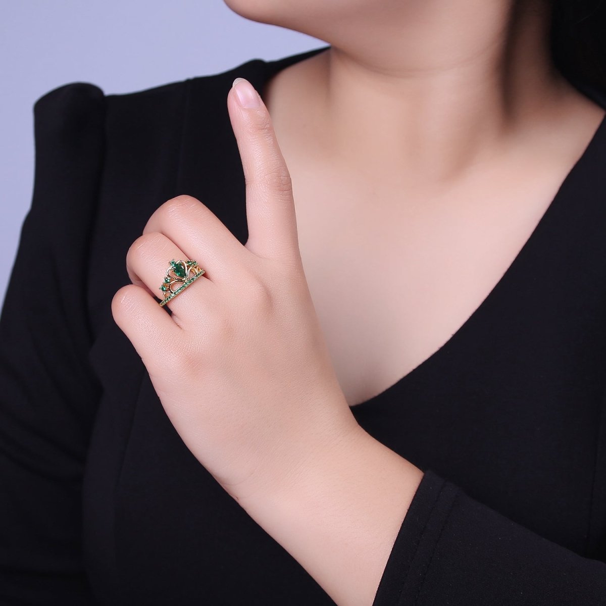 Emerald Green Cz Stone Heart Tiara Ring Open Adjustable Gold Band O-2038 - DLUXCA