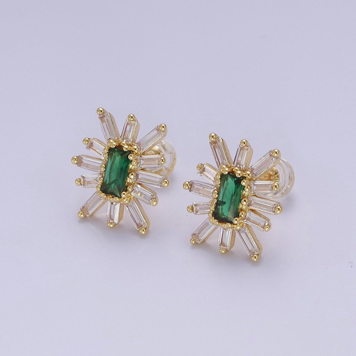 Emerald Green Cz Stud Earring Star Burst Clear Baguette Stud V-098 - DLUXCA