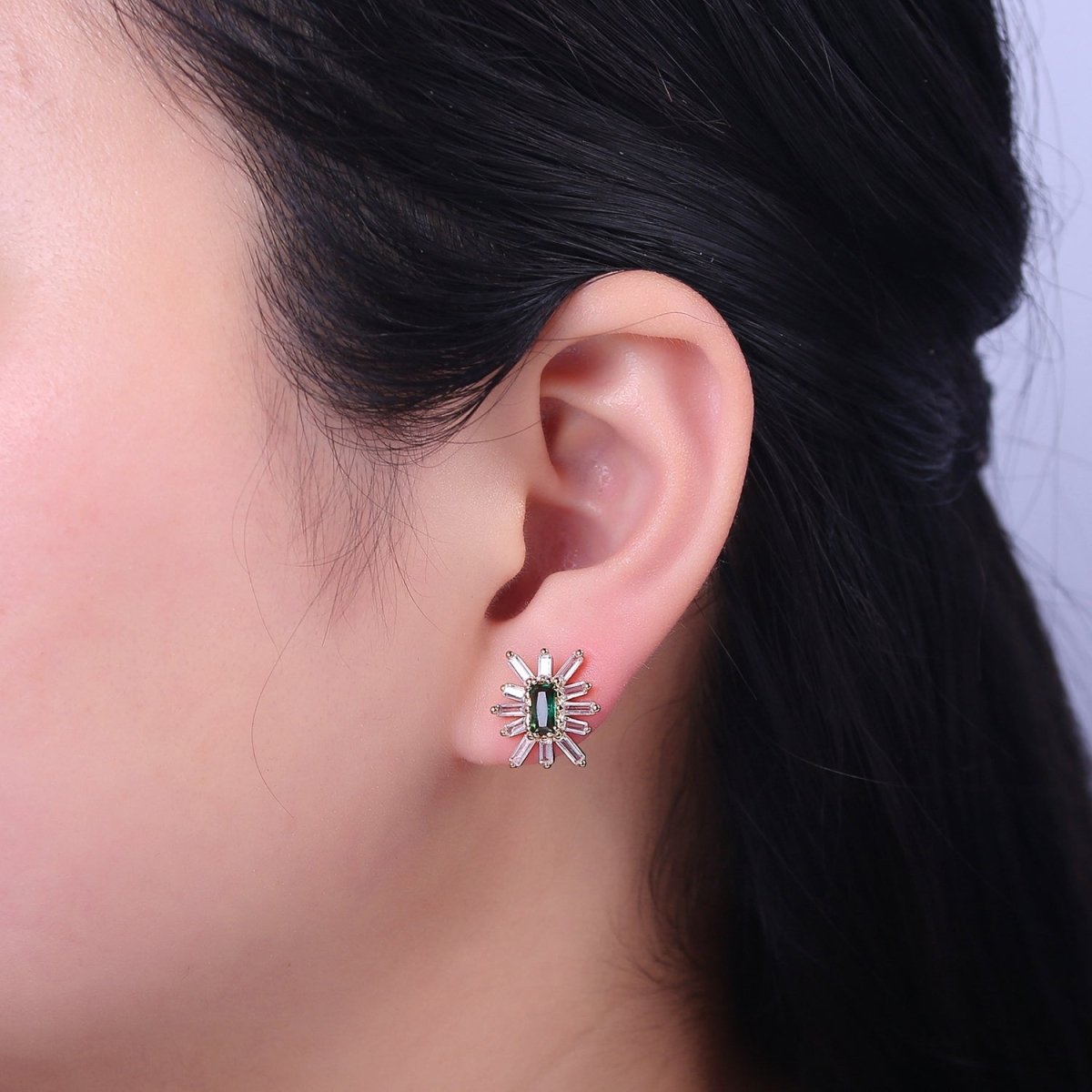 Emerald Green Cz Stud Earring Star Burst Clear Baguette Stud V-098 - DLUXCA