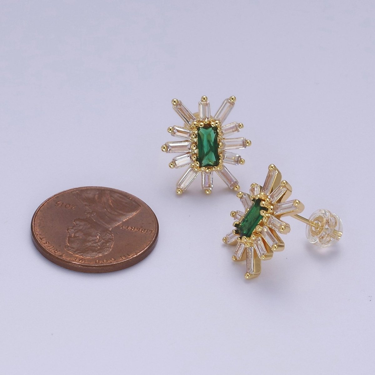 Emerald Green Cz Stud Earring Star Burst Clear Baguette Stud V-098 - DLUXCA