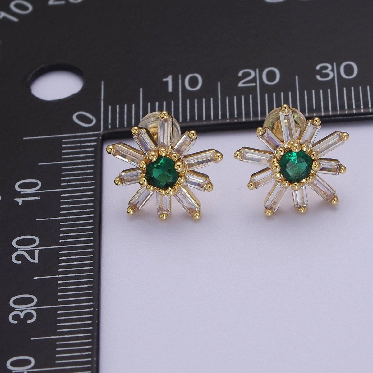 Emerald Green Cz Stud Earring SunBurst Sun Clear Baguette Stud | V-100 - DLUXCA