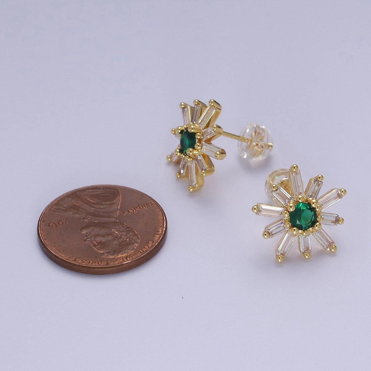 Emerald Green Cz Stud Earring SunBurst Sun Clear Baguette Stud | V-100 - DLUXCA