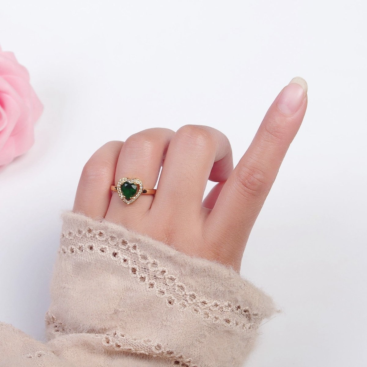 Emerald Green Heart CZ Promise Ring O-786 - DLUXCA