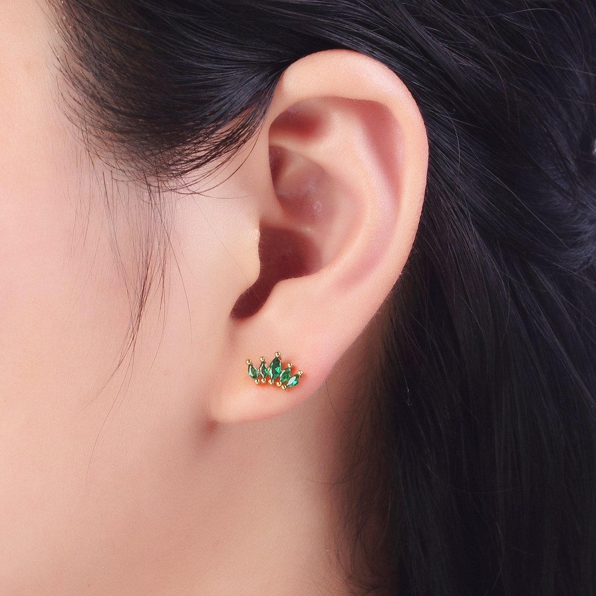 Emerald Green Marquise CZ Fan Lined Gold Mini Stud Earrings | AB019 - DLUXCA