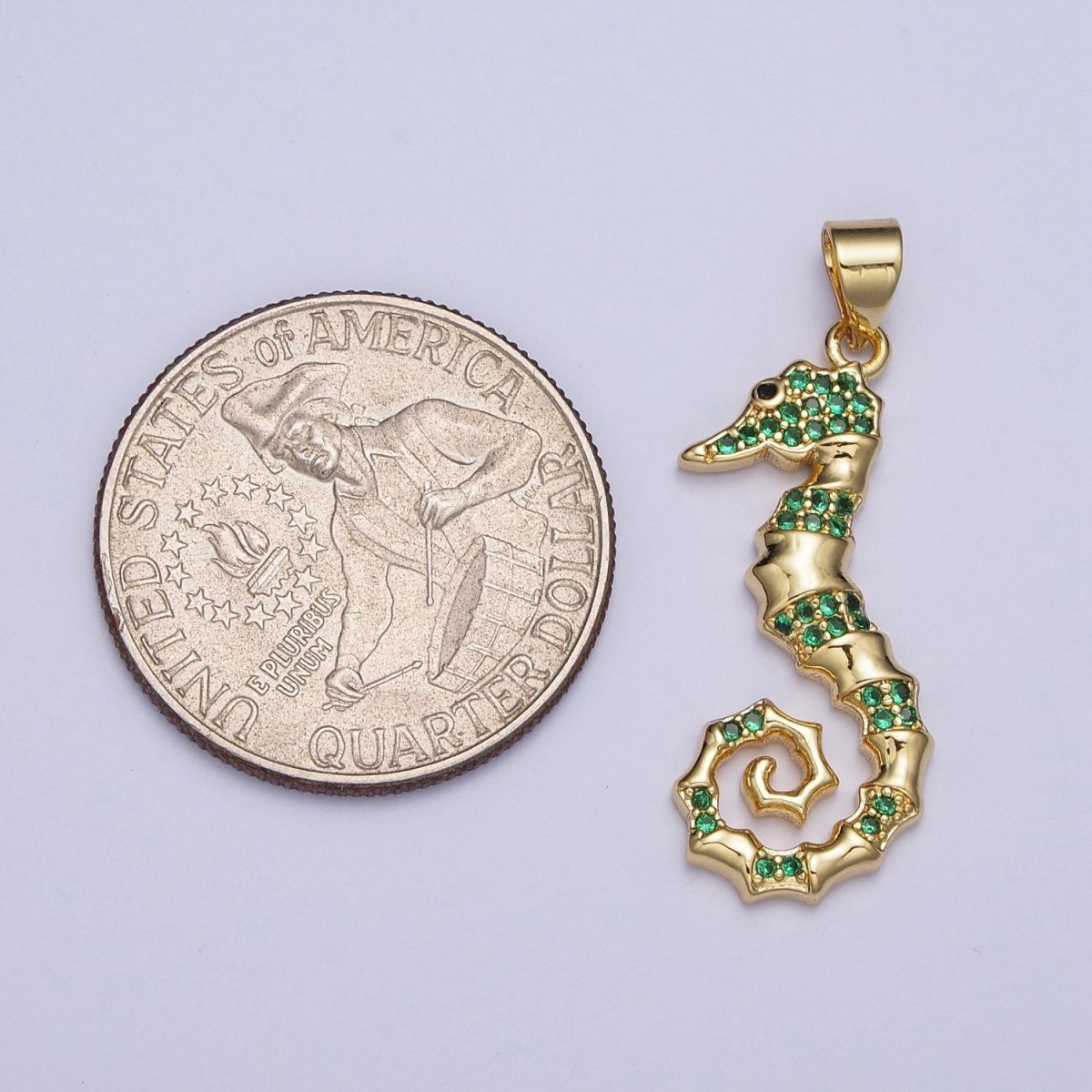 Emerald Green Micro Pave Cubic Zirconia Seahorse Ocean Wildlife Gold Charm For Jewelry Making | X-475 - DLUXCA
