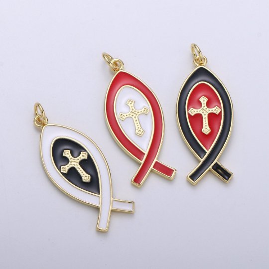 Enamel Chritianity Symbol Fish Charm, Gold Ichthus Fish Pendant, Christians Cross Symbol Jewelry Making Supply for Necklace, E-104 - E-106