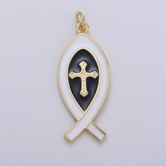 Enamel Chritianity Symbol Fish Charm, Gold Ichthus Fish Pendant, Christians Cross Symbol Jewelry Making Supply for Necklace, E-104 - E-106