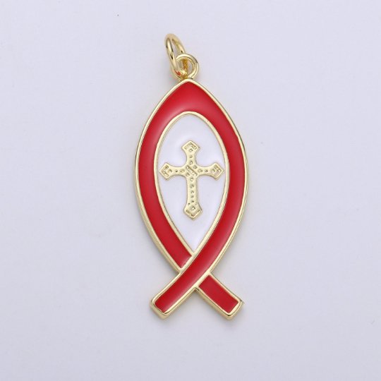 Enamel Chritianity Symbol Fish Charm, Gold Ichthus Fish Pendant, Christians Cross Symbol Jewelry Making Supply for Necklace, E-104 - E-106