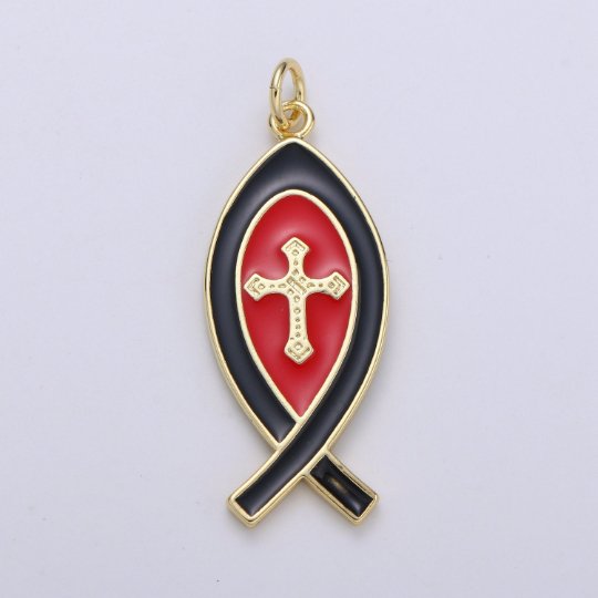 Enamel Chritianity Symbol Fish Charm, Gold Ichthus Fish Pendant, Christians Cross Symbol Jewelry Making Supply for Necklace, E-104 - E-106