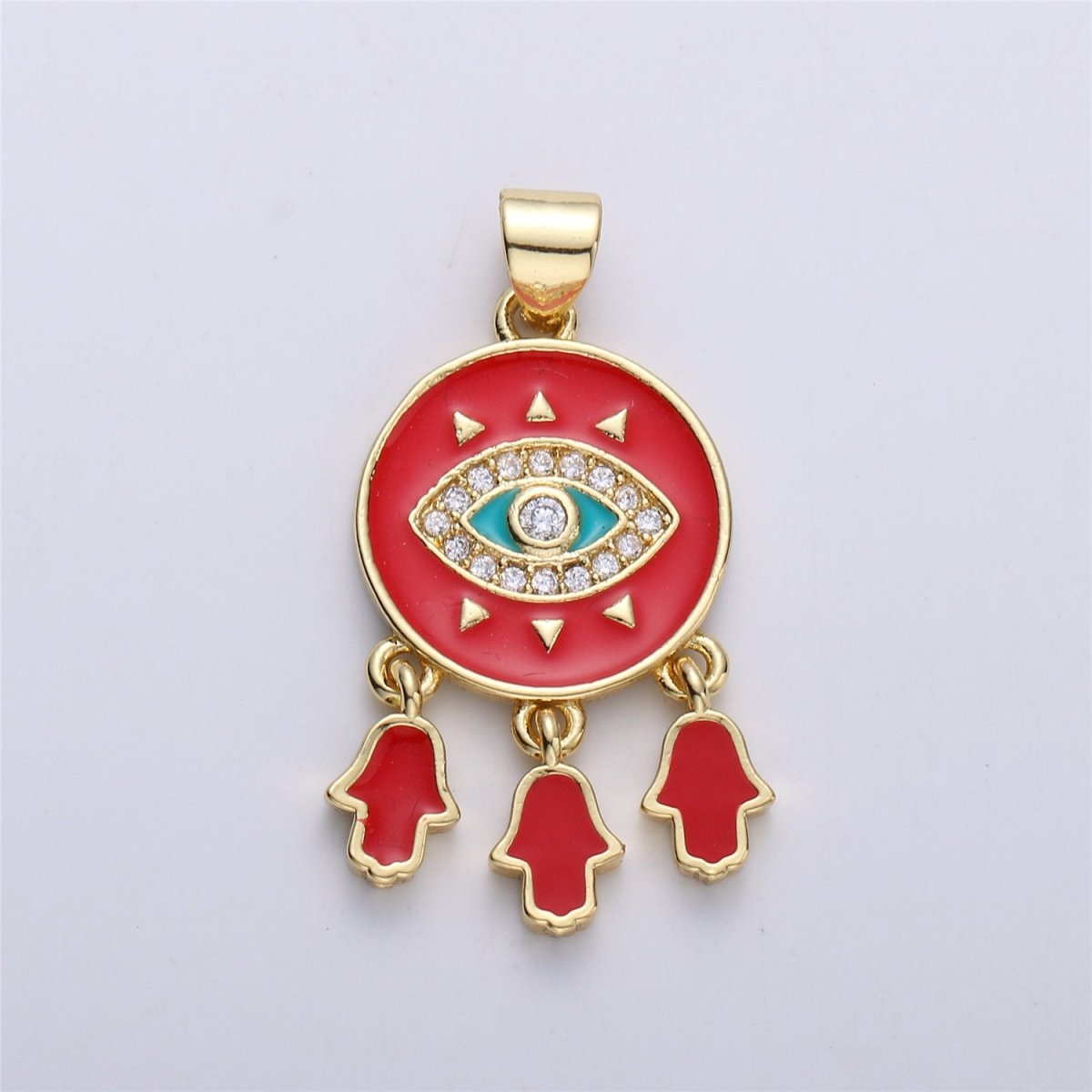 Enamel Coin Pendant Evil eye charm, Black White Red Enamel Pendant, Enamel Evil Eye with Hamsa Hand Charm protection eye jewelery, 31x16mm I-173
