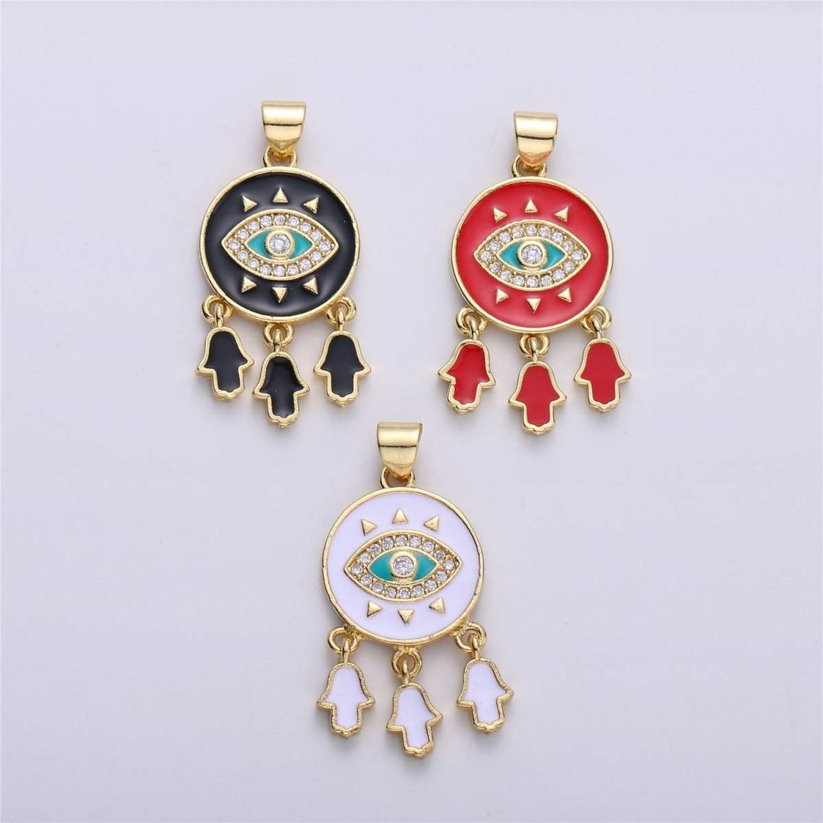 Enamel Coin Pendant Evil eye charm, Black White Red Enamel Pendant, Enamel Evil Eye with Hamsa Hand Charm protection eye jewelery, 31x16mm I-173