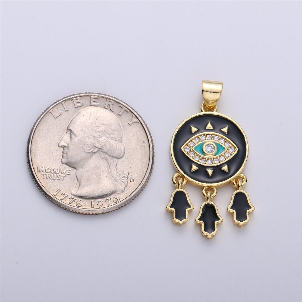 Enamel Coin Pendant Evil eye charm, Black White Red Enamel Pendant, Enamel Evil Eye with Hamsa Hand Charm protection eye jewelery, 31x16mm I-173