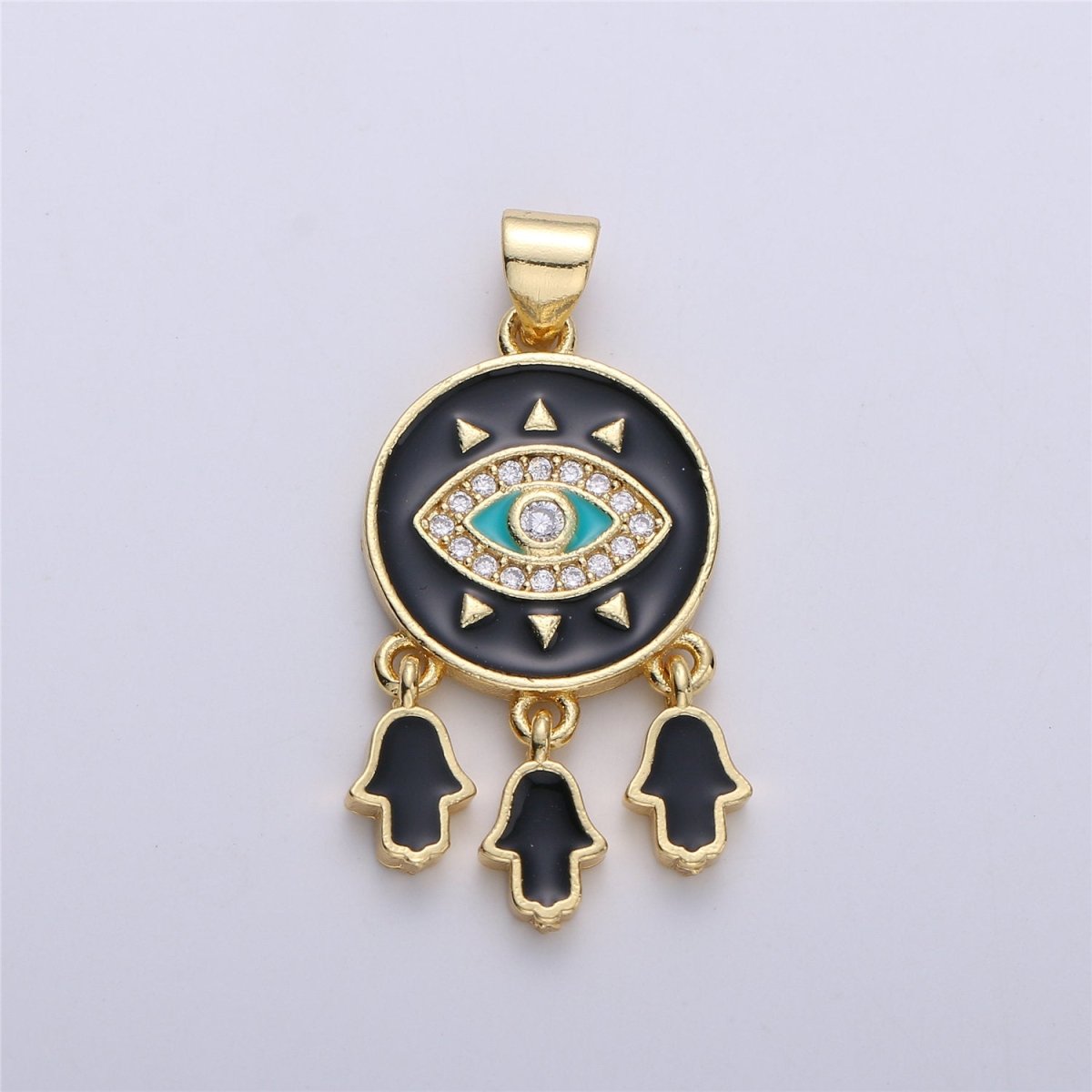 Enamel Coin Pendant Evil eye charm, Black White Red Enamel Pendant, Enamel Evil Eye with Hamsa Hand Charm protection eye jewelery, 31x16mm I-173
