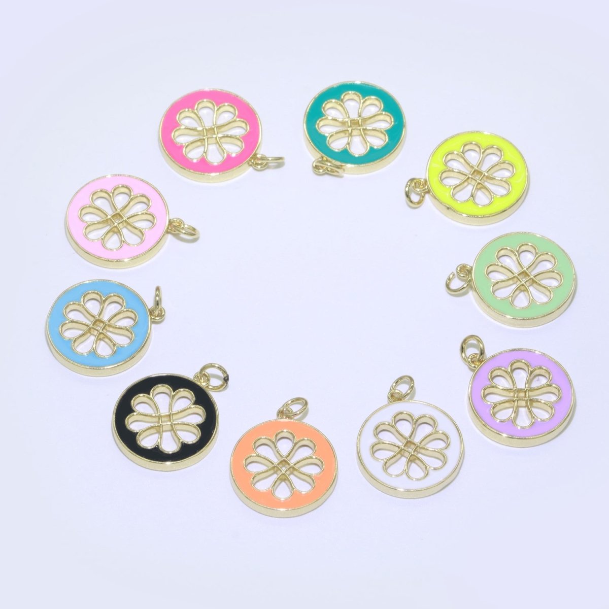 Enamel Daisy Charm 24k Gold Filled Hollow Round Charm Gold Floral Charms, Dainty Flower Pink, Teal, White, Yellow Green Pendant M-393 - M-402