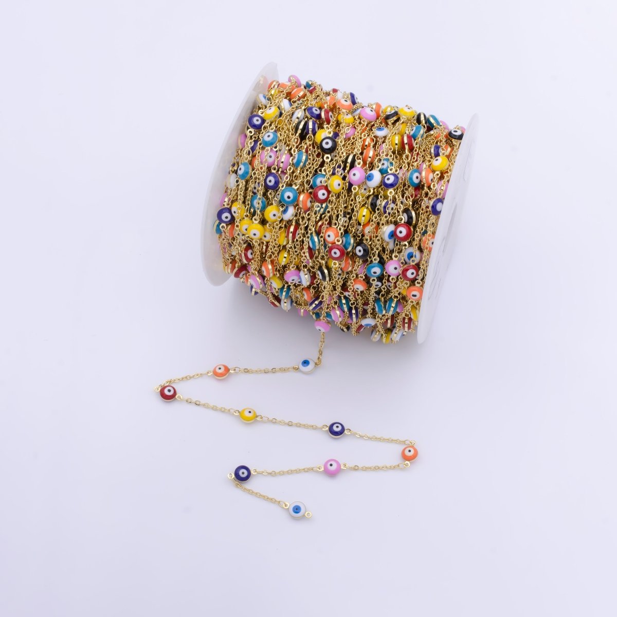 Enamel Evil Eye Chain, Wholesale 24k Gold Plated Beaded Chain, Enamel Satellite Chain for Jewelry Making Findings | ROLL-868