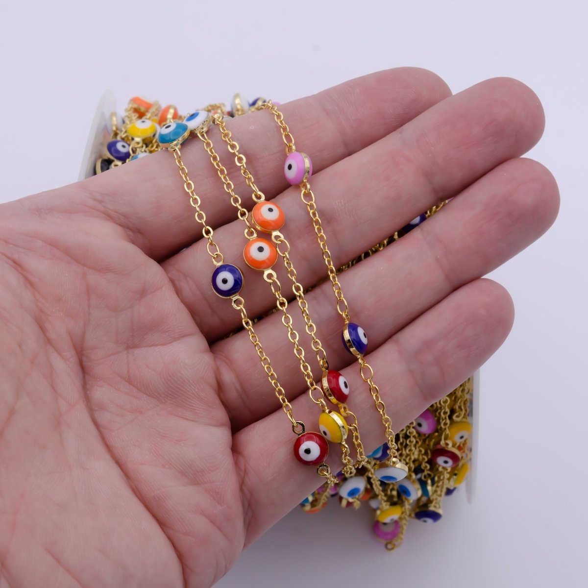 Enamel Evil Eye Chain, Wholesale 24k Gold Plated Beaded Chain, Enamel Satellite Chain for Jewelry Making Findings | ROLL-868