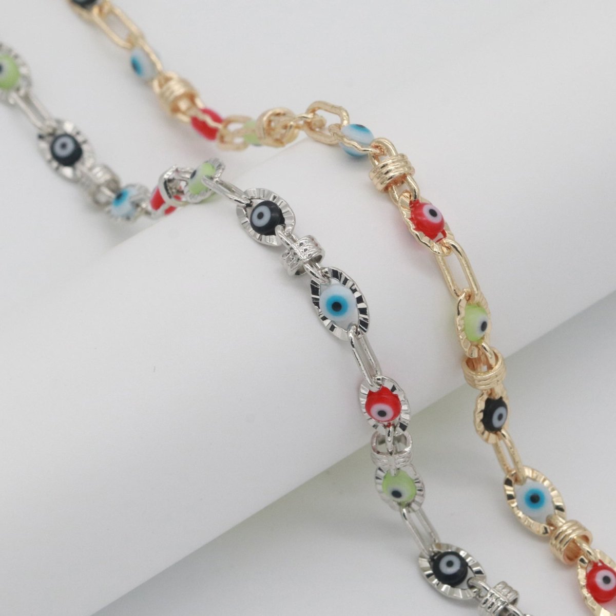 Enamel Evil Eye Gold, Silver Chain by Yard Dainty Evil Eye Charm Specialty Link Chain by Yard for Necklace Bracelet Waist Chain width 6mm | ROLL-555 ROLL-556 Clearance Pricing