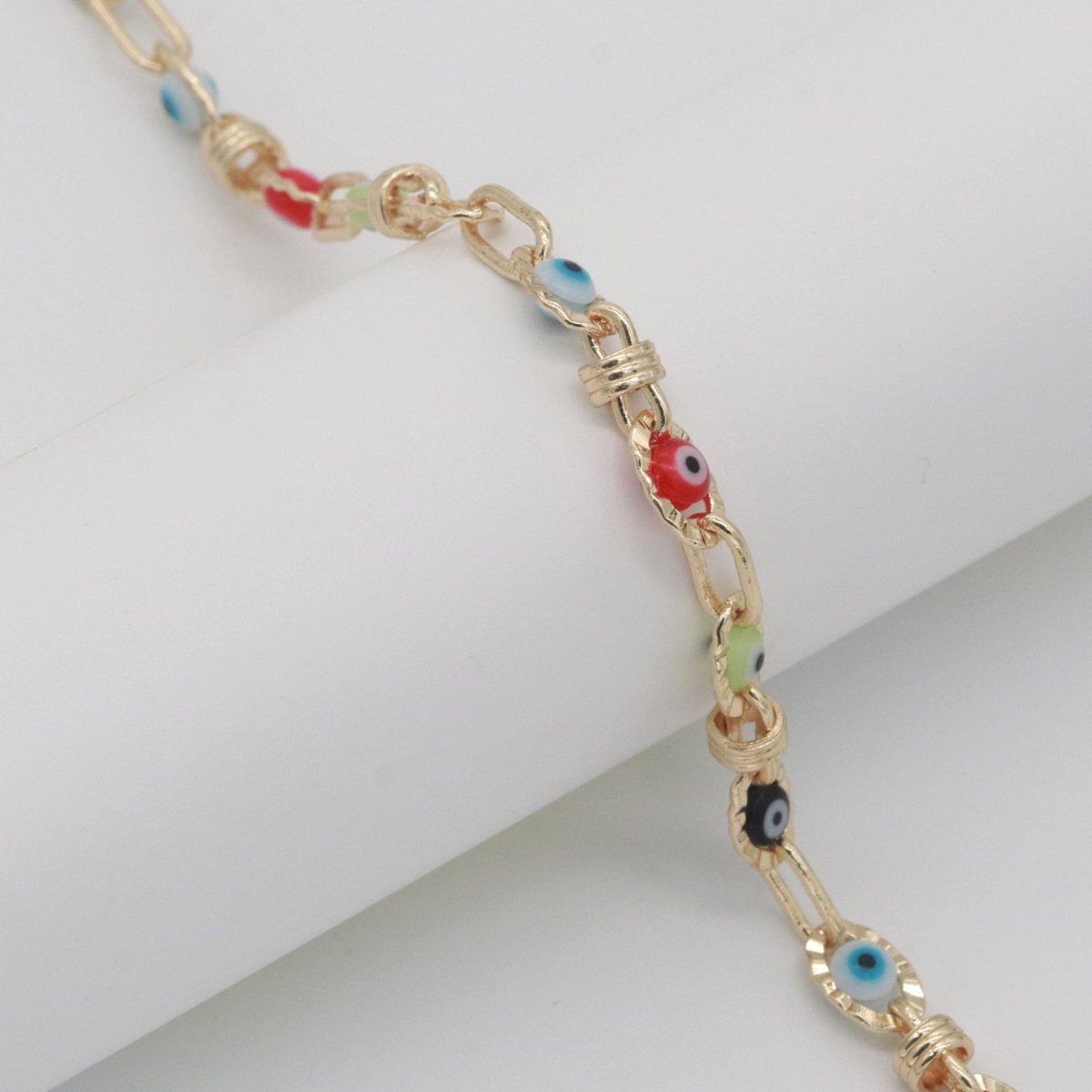 Enamel Evil Eye Gold, Silver Chain by Yard Dainty Evil Eye Charm Specialty Link Chain by Yard for Necklace Bracelet Waist Chain width 6mm | ROLL-555 ROLL-556 Clearance Pricing