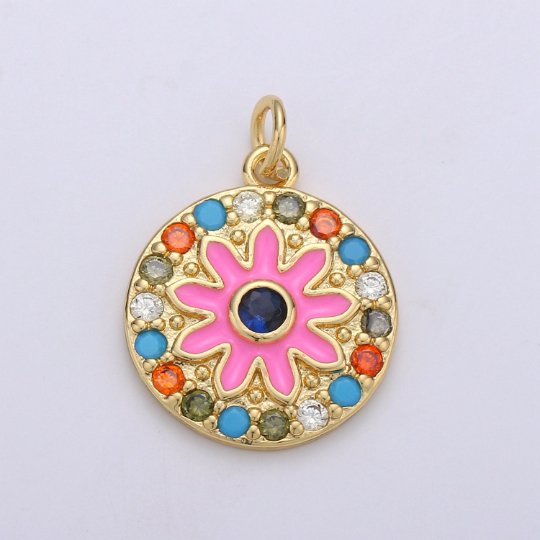 Enamel Flower Pendant, Dainty 14k Gold Filled Daisy Charm - Micro Pave Floral Garden Spring Summer Jewelry for Necklace Component Supply  D-629