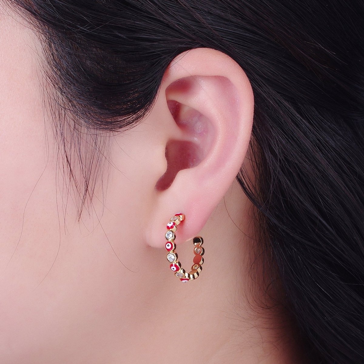 Enamel Gold Filled Evil Eye Hoop Earring T-505 ~ T-512