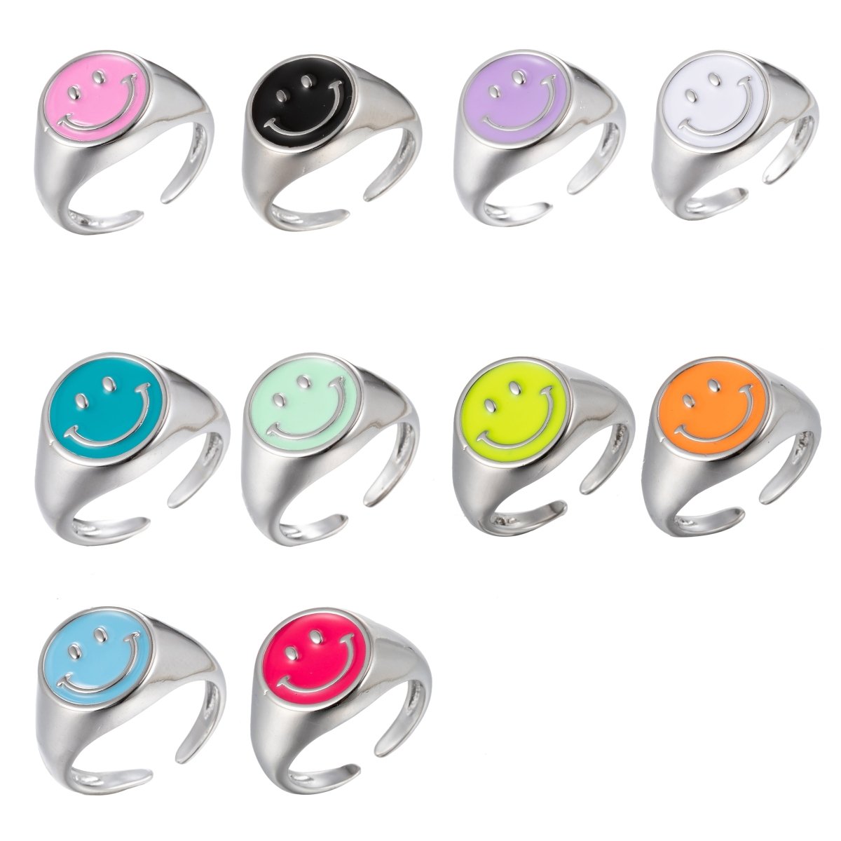 Enamel Happy Face Ring, Silver Smiley Face Signet Ring Y2K Jewelry Inspired O-892~O-901