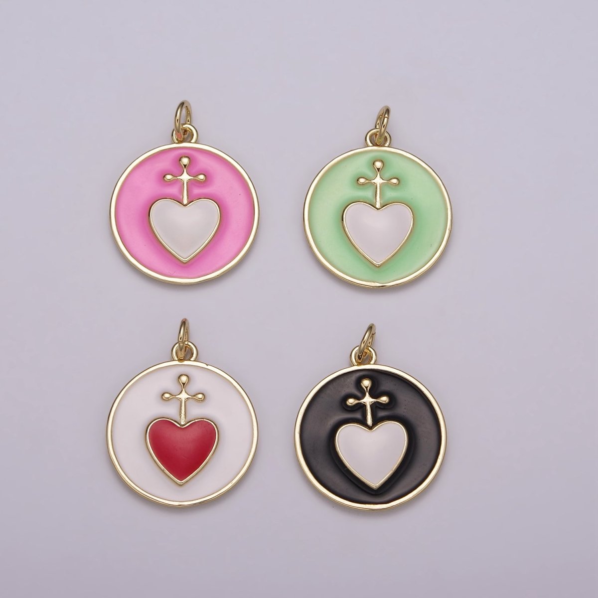 Enamel Heart Cross Pendant, Earrings pendant, Bracelet Charm, Necklace Pendant Green White Black Pink Religious jewelry making E-615-E-618