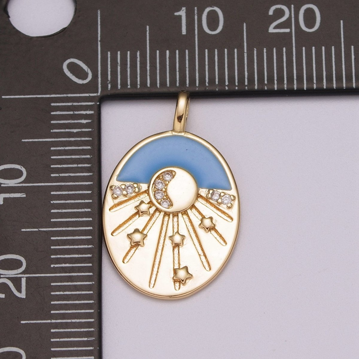 Enamel Starry Night Charm 18k Gold Filled CZ Crescent Moon Charm Pendant Celestial Jewelry Gold Medallion Star burst, M-858 - DLUXCA