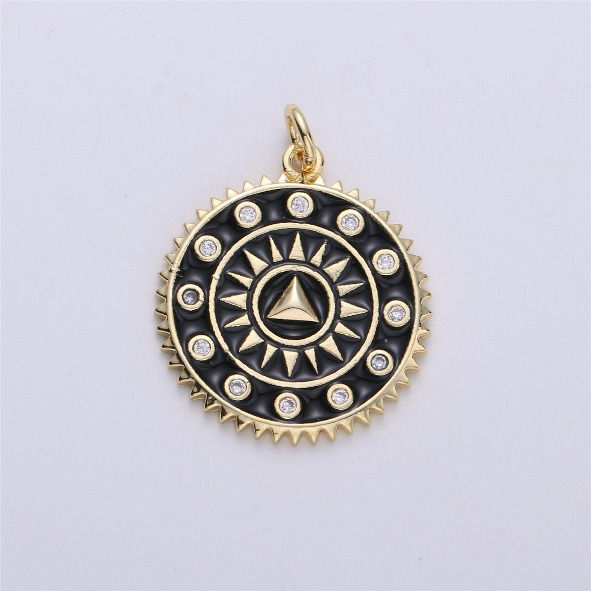 Enamel White and Black Medallion pendant, Coin charm, Gold fill SunBurst charm, 25x20mm C-611