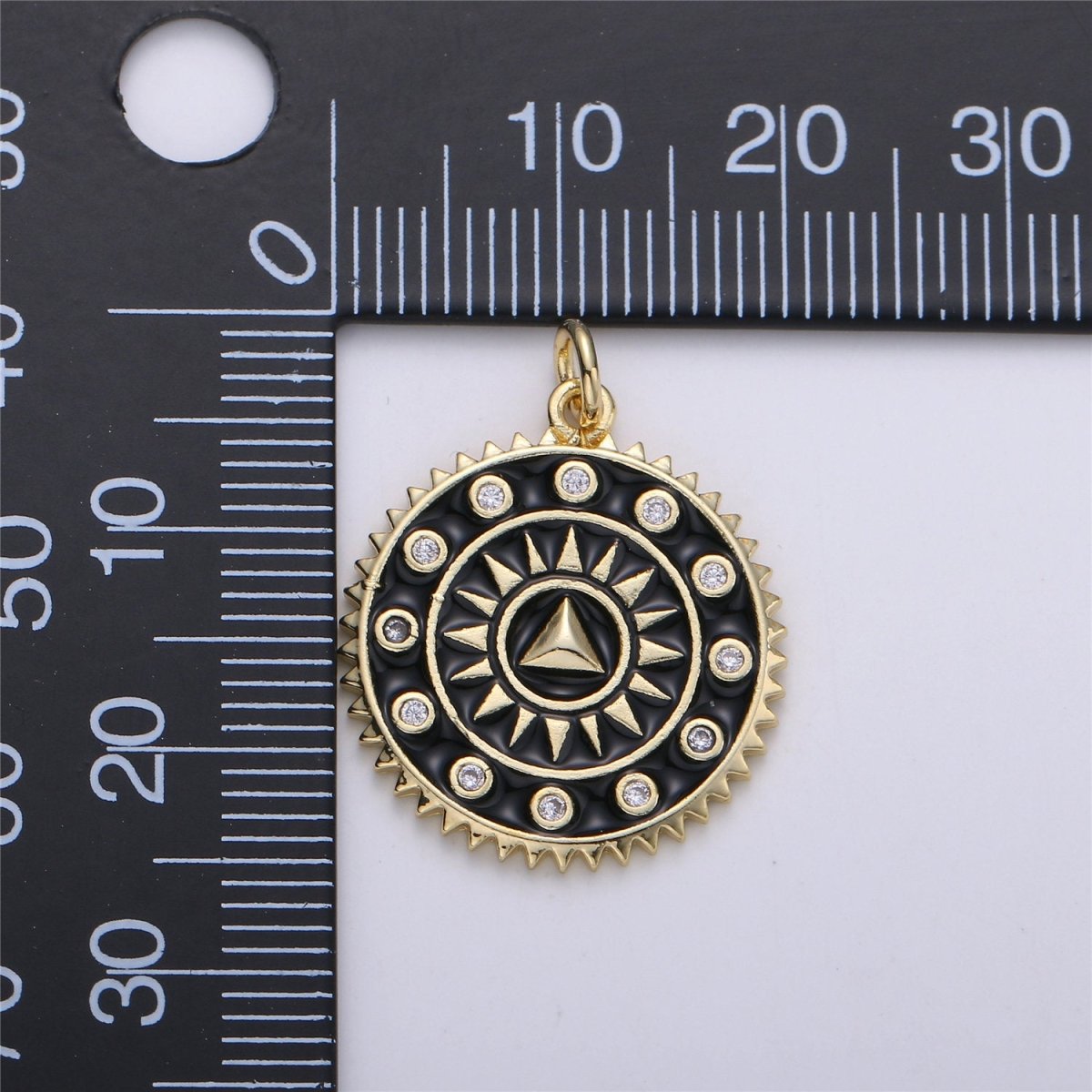 Enamel White and Black Medallion pendant, Coin charm, Gold fill SunBurst charm, 25x20mm C-611
