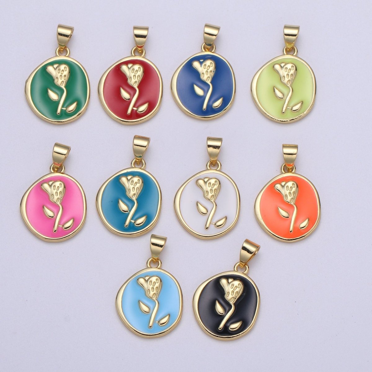 Epoxy Tulip in 24k Gold Round Charm, Enamel Flower Charm, Gold Enamel Charms, Dainty Pink, Red, Teal, White, lime Green Pendant  H-657 H-662 H-676 H-678 H-694 H-698 H-704 H-709 H-712 H-716