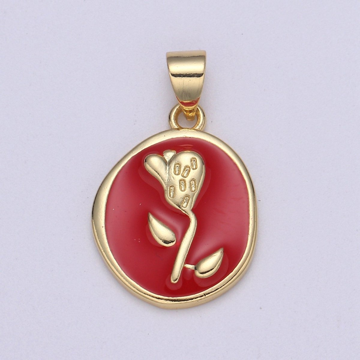 Epoxy Tulip in 24k Gold Round Charm, Enamel Flower Charm, Gold Enamel Charms, Dainty Pink, Red, Teal, White, lime Green Pendant  H-657 H-662 H-676 H-678 H-694 H-698 H-704 H-709 H-712 H-716