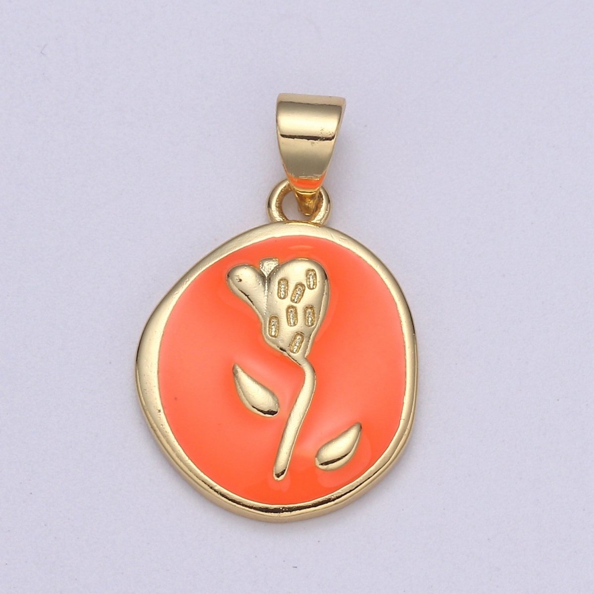 Epoxy Tulip in 24k Gold Round Charm, Enamel Flower Charm, Gold Enamel Charms, Dainty Pink, Red, Teal, White, lime Green Pendant  H-657 H-662 H-676 H-678 H-694 H-698 H-704 H-709 H-712 H-716