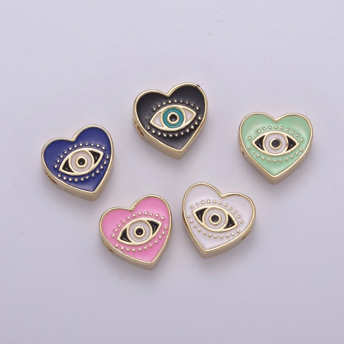 Evil Eye Bead, Heart Evil Eye, 10mm Evil Eye Beads, Side Drilled Black, Blue, Pink, Green, White Enamel   B-754
