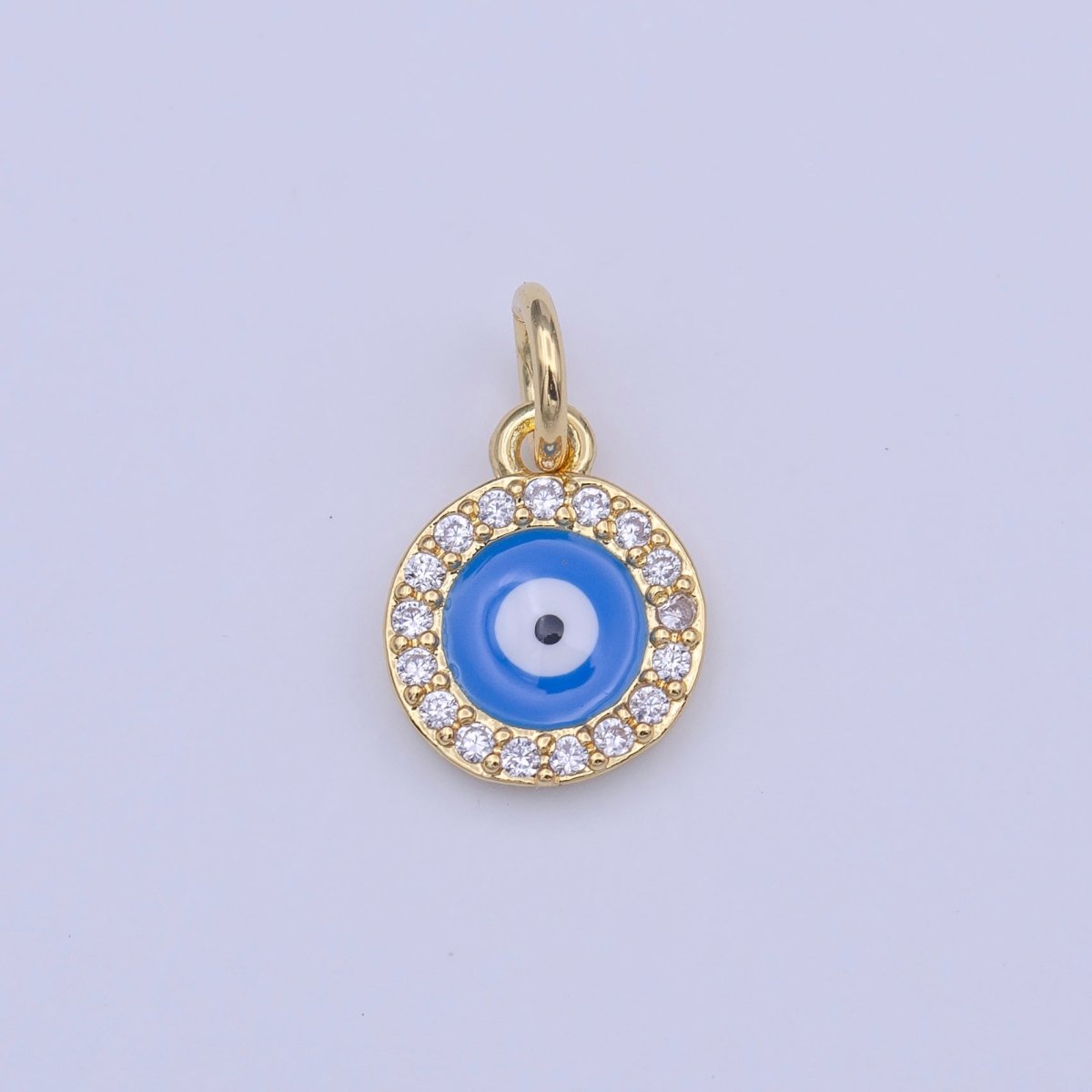 Evil Eye Blue Enamel Protection Micro Paved CZ Round Gold Charm | C-415 - DLUXCA