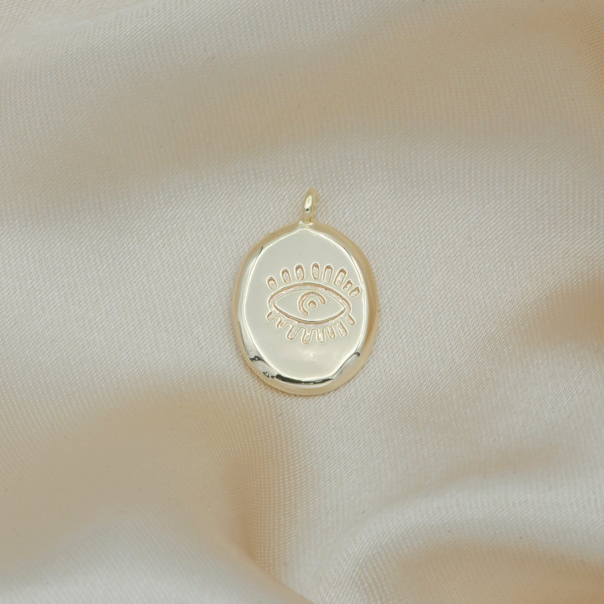 Evil Eye Ornament in Golden Oval Rustic Coin Charm, Gold Plated Evil Eye on Geometric Shape Medallion Charm Pendant GP-134 - DLUXCA